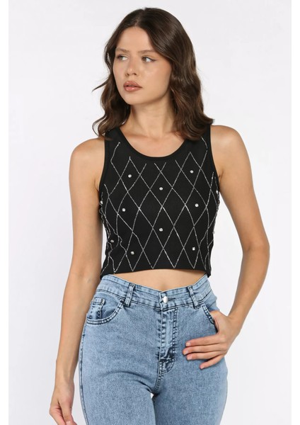 Taşlı Sıfır Kol Crop Top Bluz P-00017989 fiyatları