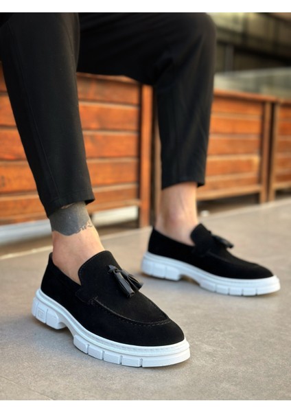 ET0240 Klasik Parlak Püsküllü Süet Siyah Beyaz Taban Erkek Ayakkabı