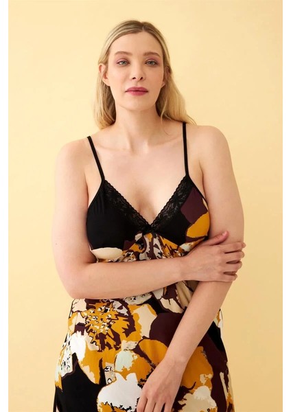 Moda Kadın Büyük Beden Siyah Çiçek Desenli Askılı Gecelik modelleri