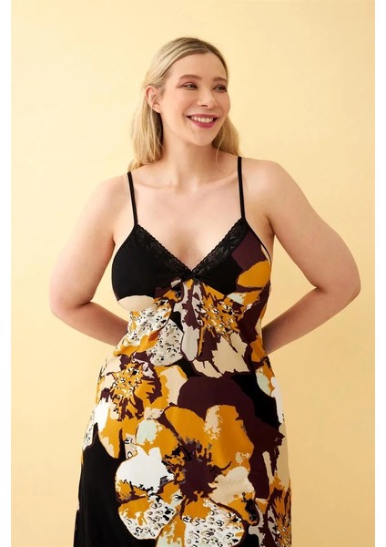 Moda Kadın Büyük Beden Siyah Çiçek Desenli Askılı Gecelik indirimleri