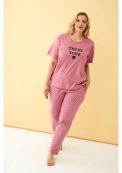Moda Kadın Somon "trust Your Heart" Yazılı Büyük Beden Pijama Takımı