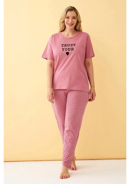 Moda Kadın Somon "trust Your Heart" Yazılı Büyük Beden Pijama Takımı fiyatları