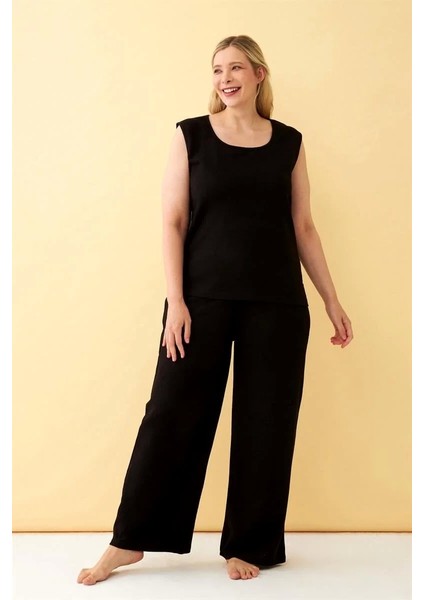 Moda Kadın Siyah Keten Jakarlı Büyük Beden Alt Üst Takım