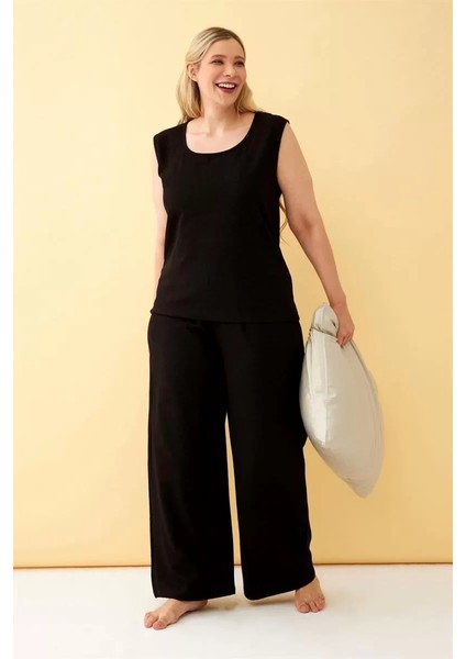 Moda Kadın Siyah Keten Jakarlı Büyük Beden Alt Üst Takım fırsatları