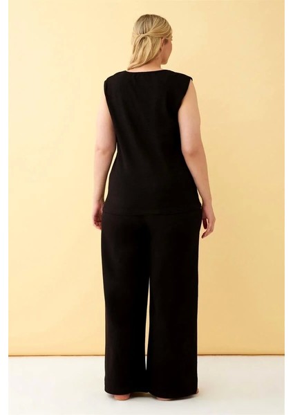 Moda Kadın Siyah Keten Jakarlı Büyük Beden Alt Üst Takım indirimleri