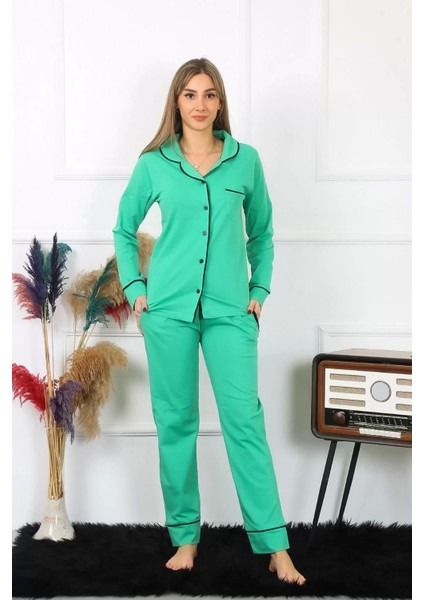 Moda Kadın Pamuk Penye Önden Düğmeli Uzun Kol Yeşil Pijama Takım