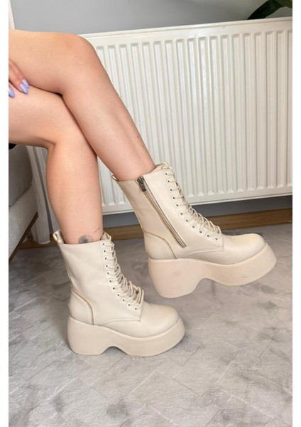 Kadın Riva Bej Cilt Yandan Fermuarlı Bağcıklı Yüksek Dolgu Topuklu Uzun Bot Bootie modelleri