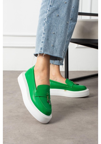 Aylisa Kadın Makosen Ayakkabı Püsküllü Yeşil Deri