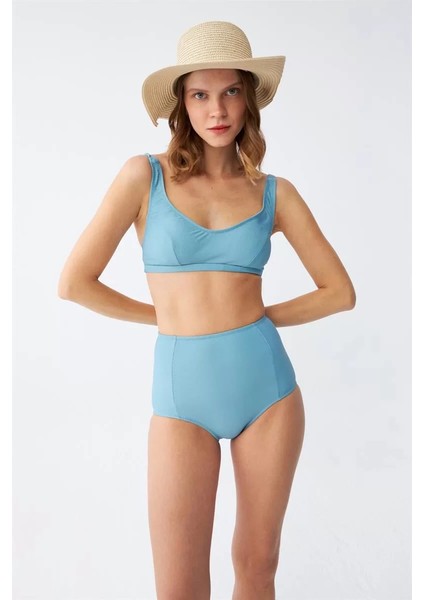Moda Kadın Basic Turkuaz Pedli Yüksek Bel Bikini Takımı