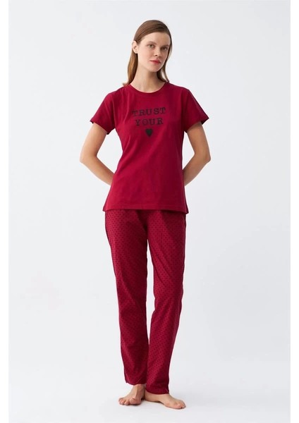 Moda Kadın Bordo Kalp Desenli Kısa Kollu Penye Pijama Takımı