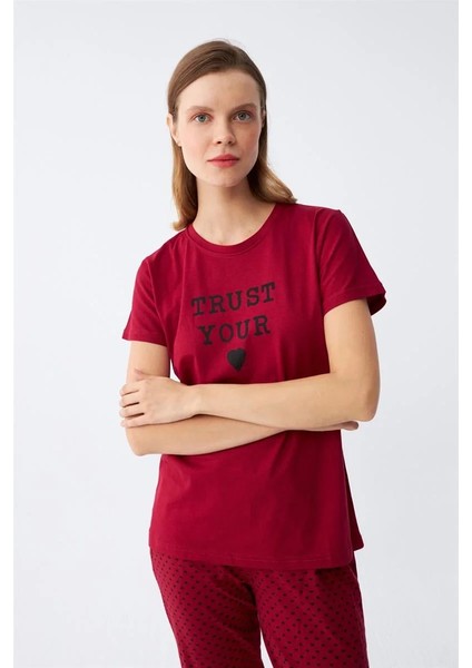 Moda Kadın Bordo Kalp Desenli Kısa Kollu Penye Pijama Takımı fiyatları