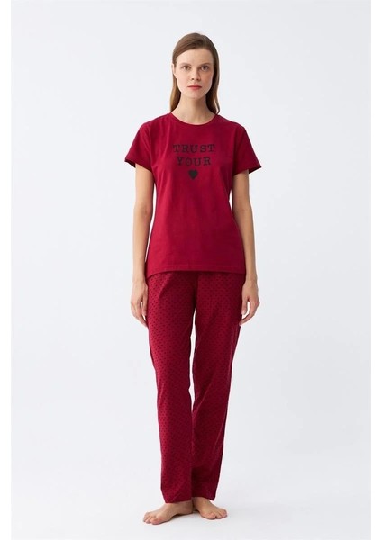 Moda Kadın Bordo Kalp Desenli Kısa Kollu Penye Pijama Takımı fırsatları