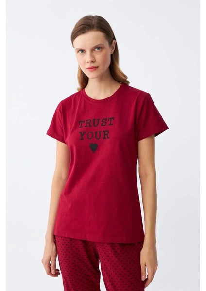Moda Kadın Bordo Kalp Desenli Kısa Kollu Penye Pijama Takımı indirimleri