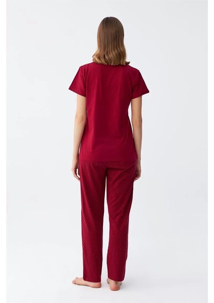 Moda Kadın Bordo Kalp Desenli Kısa Kollu Penye Pijama Takımı