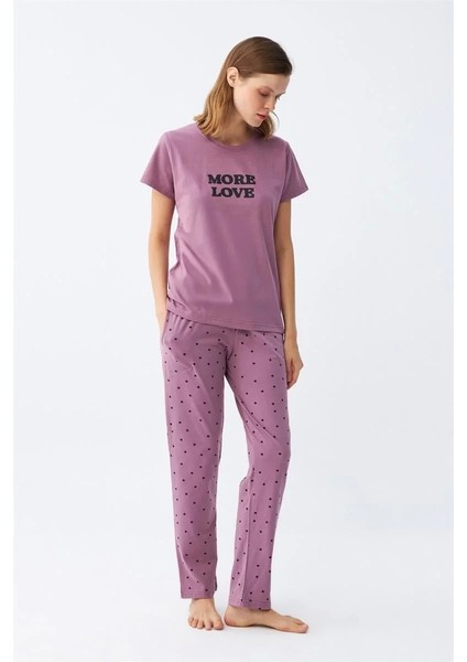 Moda Kadın Mor Yıldız Desenli Penye Kısa Kol Pijama Takımı