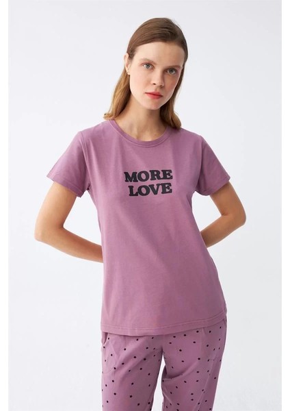 Moda Kadın Mor Yıldız Desenli Penye Kısa Kol Pijama Takımı modelleri