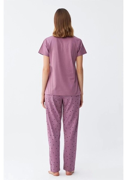 Moda Kadın Mor Yıldız Desenli Penye Kısa Kol Pijama Takımı indirimleri