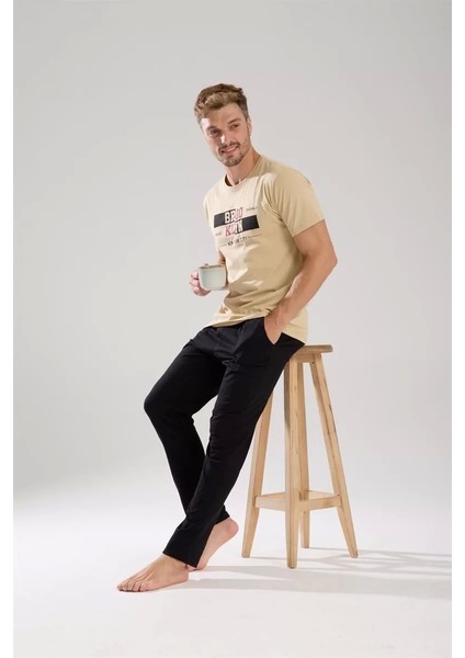 Moda Erkek Ten Rengi Kısa Kol Pijama Takımı