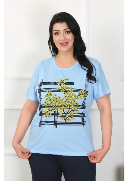 Moda Kadın Büyük Beden Mavi Pijama Takımı modelleri