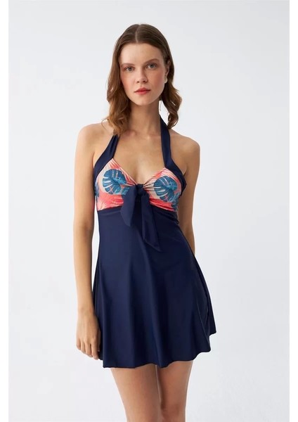 Moda Kadın Tropikal Desenli Fiyonklu Lacivert Elbise Mayo fiyatları