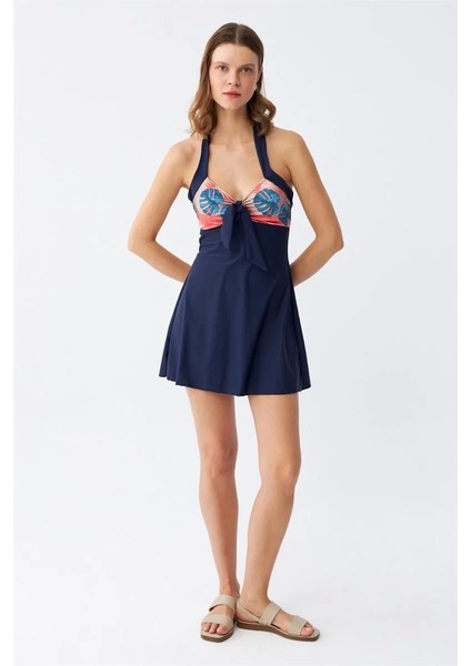 Moda Kadın Tropikal Desenli Fiyonklu Lacivert Elbise Mayo modelleri