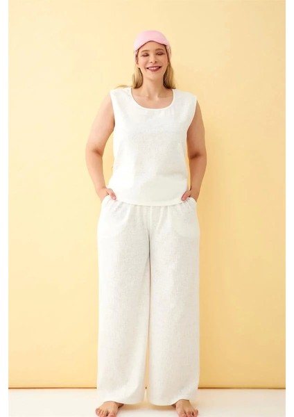 Moda Kadın Ekru Keten Jakarlı Büyük Beden Alt Üst Takım