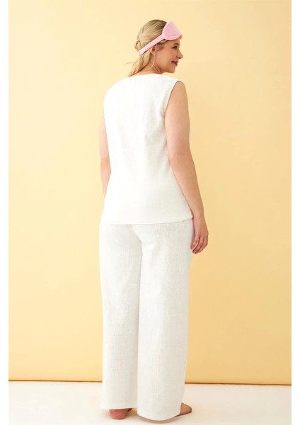 Moda Kadın Ekru Keten Jakarlı Büyük Beden Alt Üst Takım