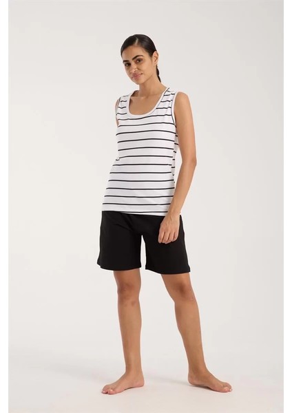 Moda Kadın Kalın Askılı Beyaz Şortlu Pijama Takımı