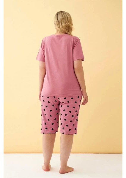 Moda Kadın Somon Kalp Desenli Büyük Beden Kapri Pijama Takımı indirimleri