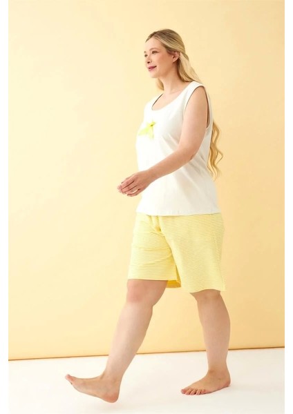 Moda Kadın Beyaz Kurdele Detaylı Sarı Çizgili Şortlu Büyük Beden Pijama Takımı modelleri