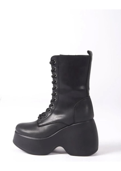 Kadın Riva Siyah Cilt Yandan Fermuarlı Bağcıklı Yüksek Dolgu Topuklu Uzun Bot Bootie fiyatları