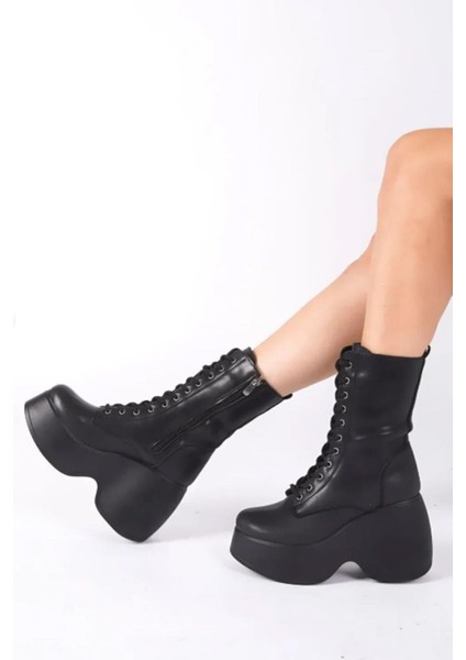 Kadın Riva Siyah Cilt Yandan Fermuarlı Bağcıklı Yüksek Dolgu Topuklu Uzun Bot Bootie modelleri