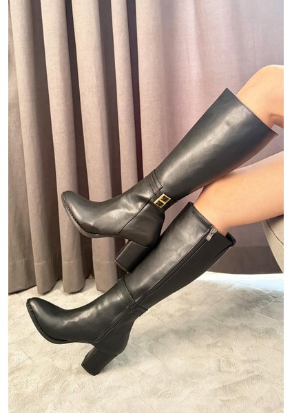 Kadın Davina Siyah Tokalı Yandan Fermuarlı Diz Altı Cizme modelleri