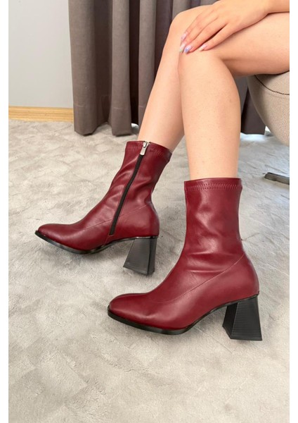 Kadın Marina Bordo Bot 7 cm Kalın Topuklu Streç Boots fiyatları