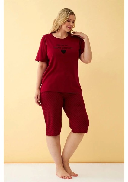 Moda Kadın Bordo Kalp Desenli Büyük Beden Kapri Pijama Takımı fiyatları