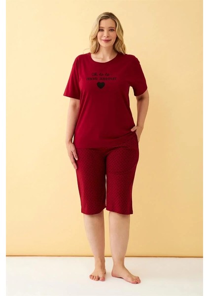Moda Kadın Bordo Kalp Desenli Büyük Beden Kapri Pijama Takımı fırsatları