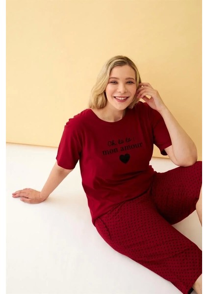 Moda Kadın Bordo Kalp Desenli Büyük Beden Kapri Pijama Takımı indirimleri