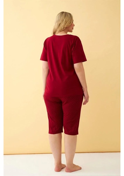 Moda Kadın Bordo Kalp Desenli Büyük Beden Kapri Pijama Takımı