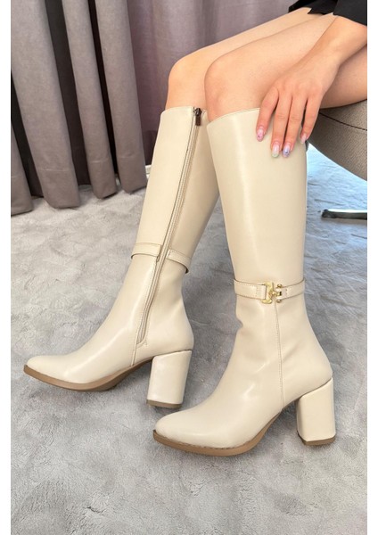 Kadın Serena Krem Tek Tokalı Yandan Fermuarlı Diz Altı Cizme
