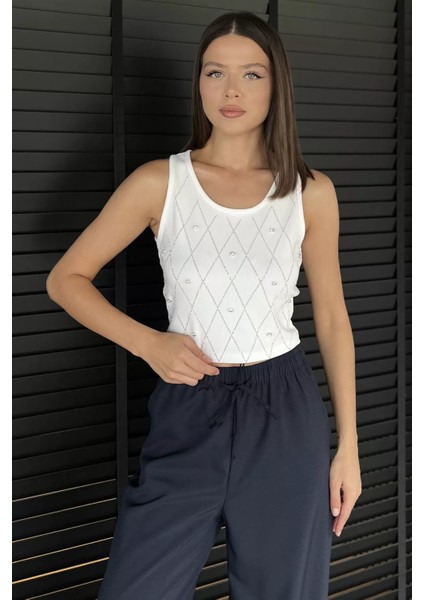 Taşlı Sıfır Kol Crop Top Bluz P-00017989
