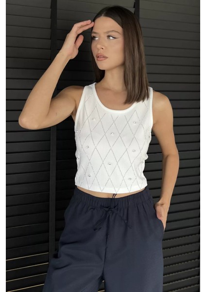 Taşlı Sıfır Kol Crop Top Bluz P-00017989 fiyatları