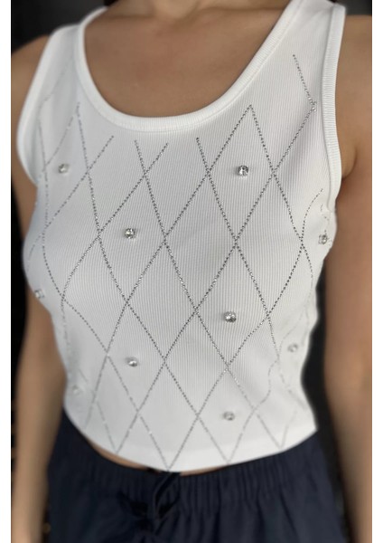 Taşlı Sıfır Kol Crop Top Bluz P-00017989 fırsatları