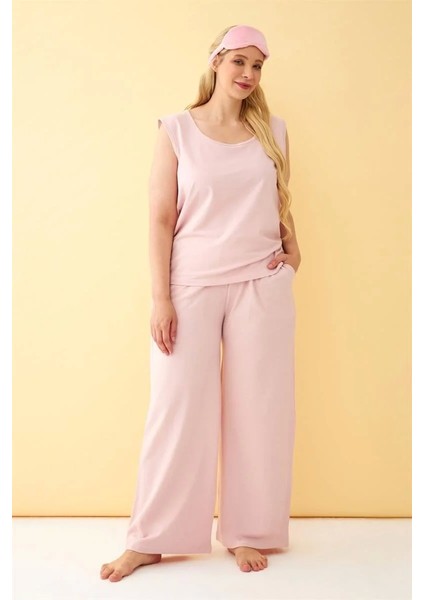 Moda Kadın Pembe Büyük Beden Penye Alt Üst Takım