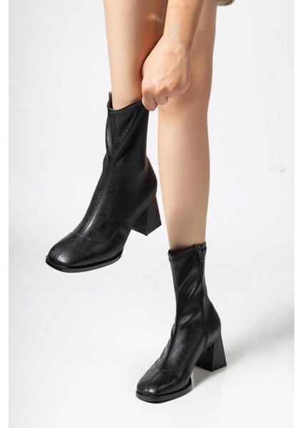 Kadın Marina Siyah Bot 7 cm Kalın Topuklu Streç Boots