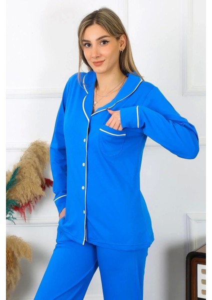 Moda Kadın Pamuk Penye Önden Düğmeli Uzun Kol Saks Pijama Takım fiyatları