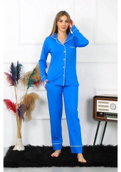 Moda Kadın Pamuk Penye Önden Düğmeli Uzun Kol Saks Pijama Takım modelleri