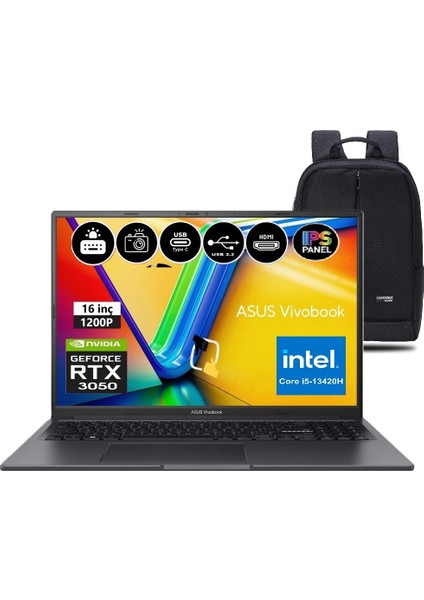 Vivobook 16X K3605VC-RP461 Intel Core I5 13420H 24GB 2 Tb SSD RTX3050 Windows 11 Pro 16" 144Hz Wuxga Taşınabilir Bilgisayar +Snertechçanta