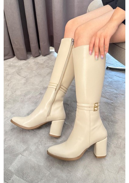 Kadın Davina Krem Tokalı Yandan Fermuarlı Diz Altı Cizme modelleri