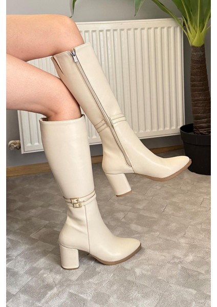 Kadın Davina Krem Tokalı Yandan Fermuarlı Diz Altı Cizme fırsatları