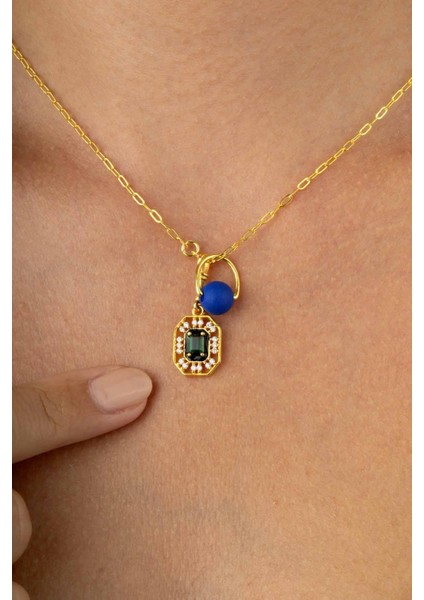 Emerald Kesim Zümrüt 925 Ayar Gümüş Altın Kaplama Kadın Kolye